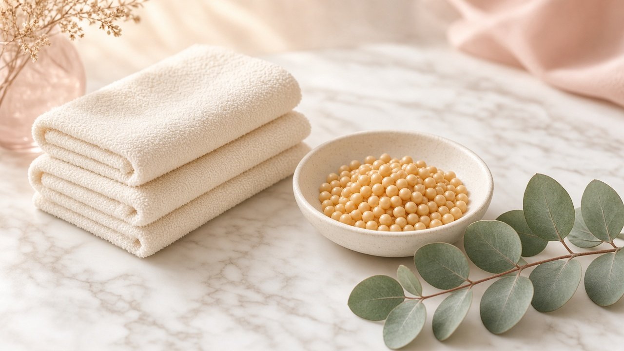 Preparación profesional de cera con toallas y perlas de cera dura en un spa tranquilo