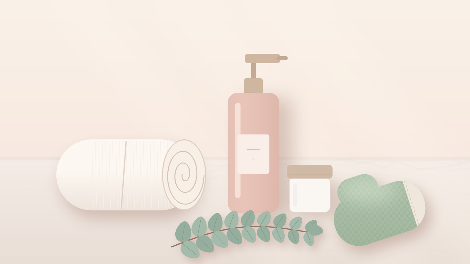 Soft spa still life with an exfoliating mitt, rolled towel, and skincare bottle for post-wax aftercare .