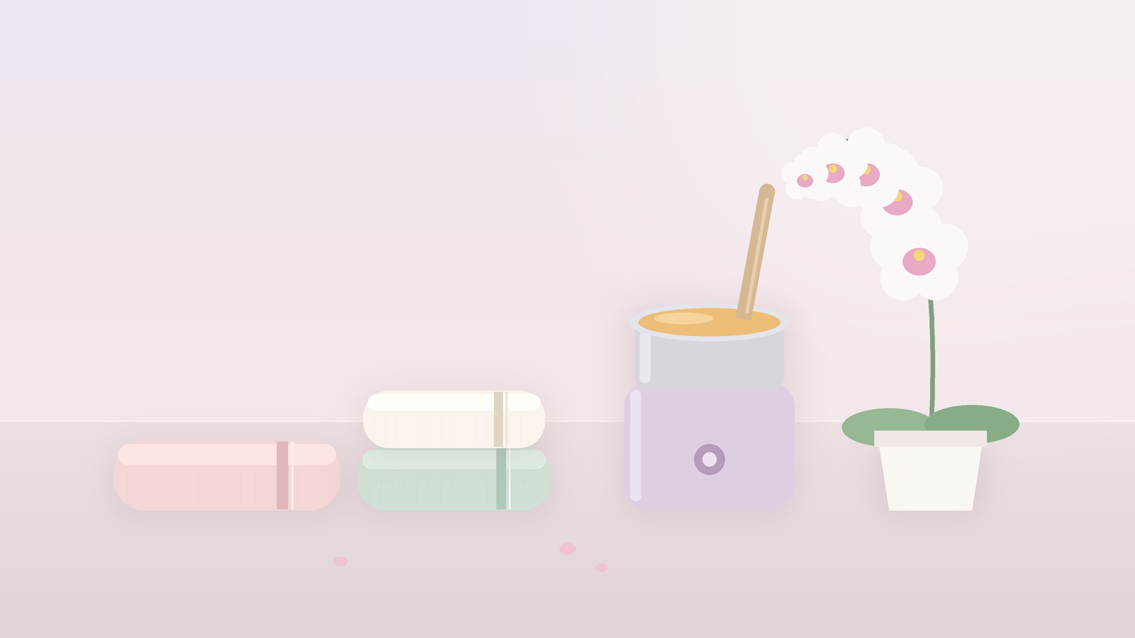 Soft pastel spa still life with two folded towels side by side, a warm wax pot, and a small white orchid