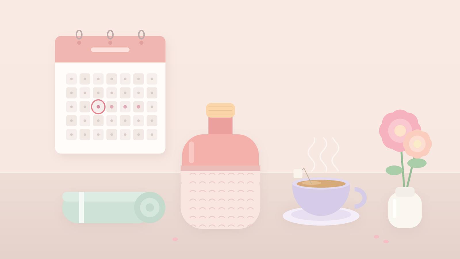 Soft pastel spa still life with a calendar with one date gently circled, a cup of herbal tea, a hot water bottle, a rolled towel, and a pink flower