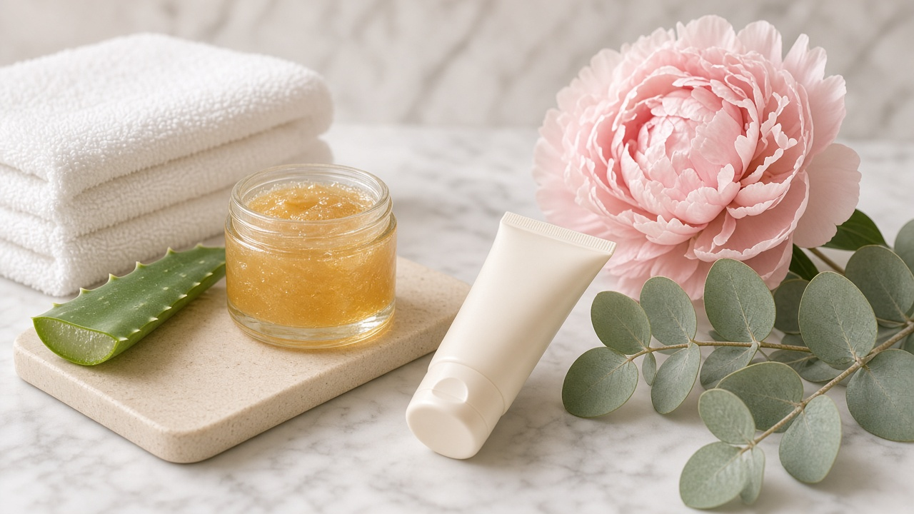 Soft pastel spa still life with a jar of honey-colored sugaring paste, folded white towels, an aloe leaf, a small tube of cream, a pink peony and eucalyptus on marble