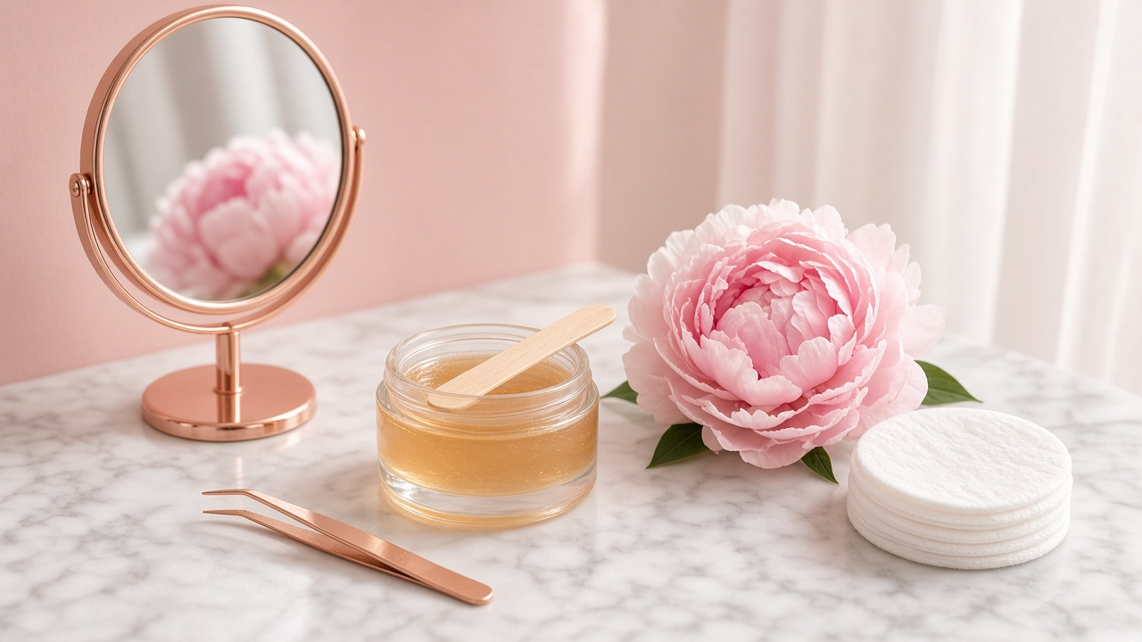 Soft pastel spa still life with a small round mirror, tweezers, a jar of warm honey-colored wax with a wooden spatula, a peony and cotton pads