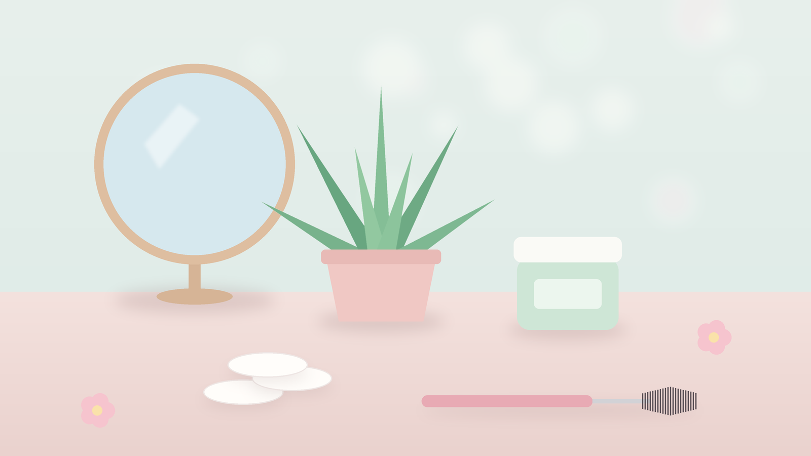 Soft pastel spa still life with a brow spoolie brush, a small aloe plant, a round mirror, cotton pads and a jar of soothing gel.
