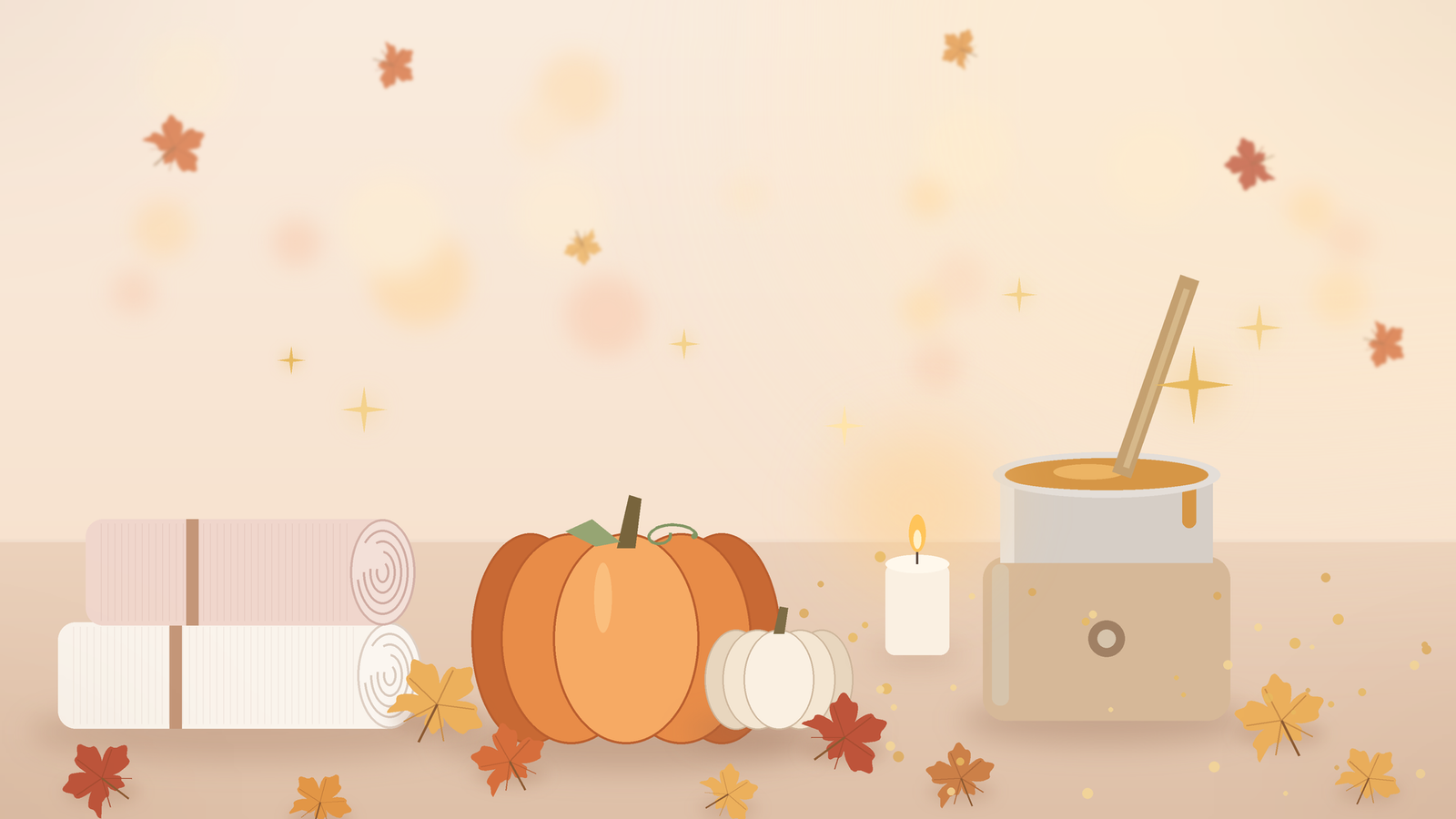 Soft autumn spa still life with a small pumpkin, fallen leaves, a warm wax pot, a rolled towel, and a hint of golden sparkle .