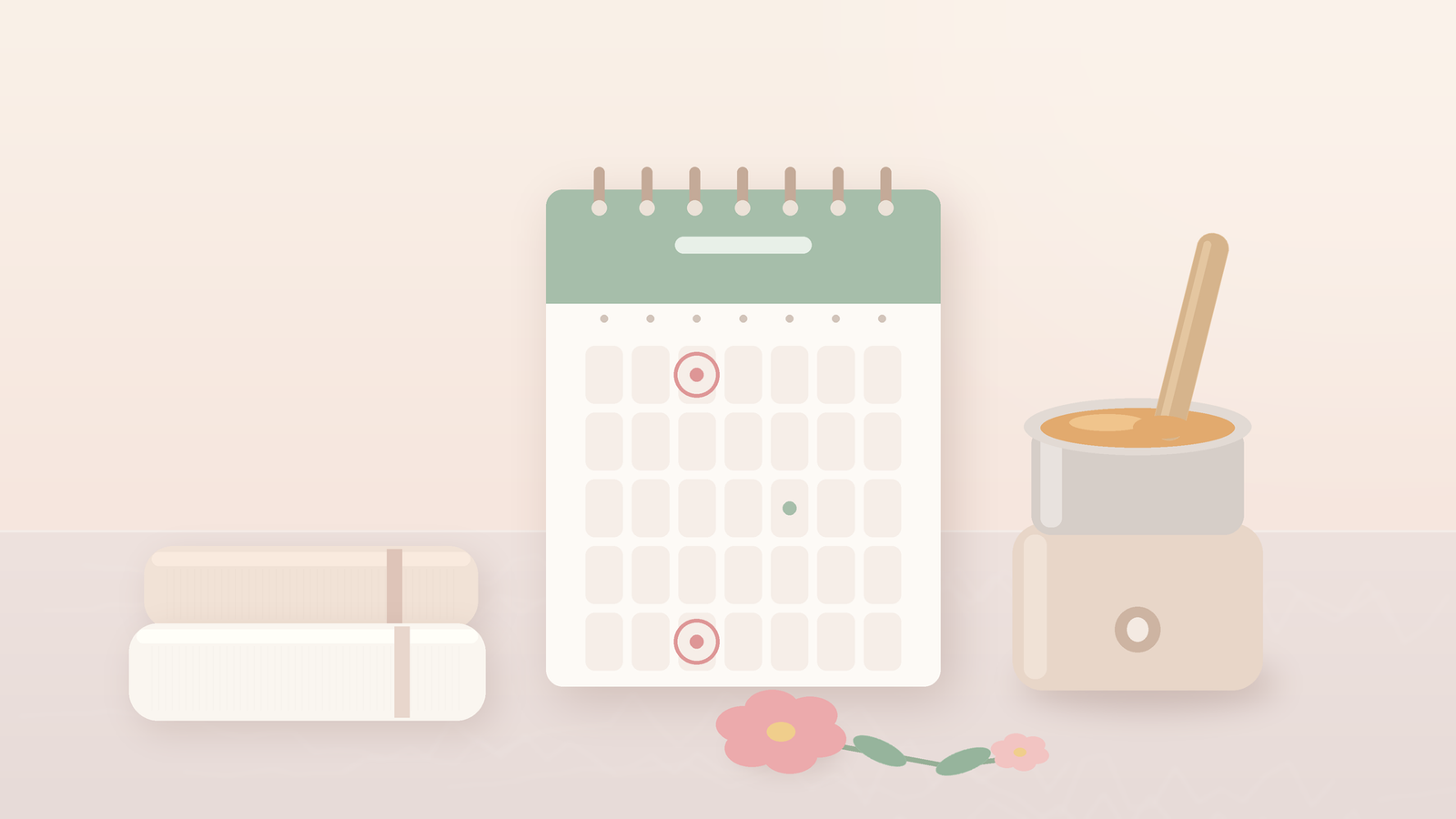 Soft spa still life with a blank planner calendar, rolled towel, warm wax pot, and a small flower .