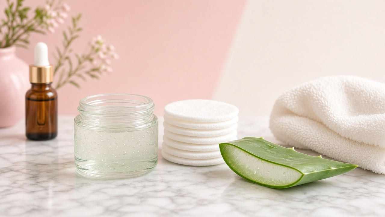 Soft pastel spa still life with a jar of soothing gel, cotton pads, a fresh aloe leaf and a folded white towel