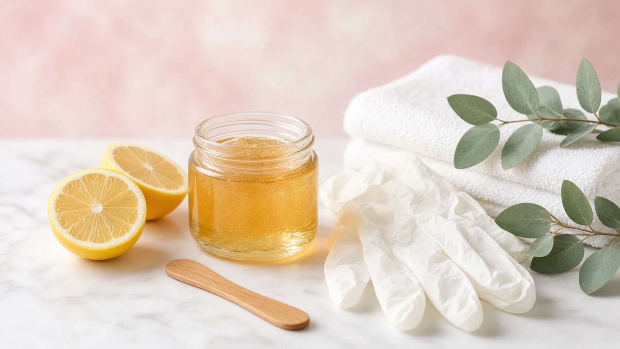 Soft pastel spa still life with a jar of golden sugaring paste, fresh lemon halves and a pair of white gloves